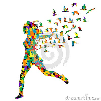 Colorful silhouette of young woman jumping with birds flying from her Vector Illustration