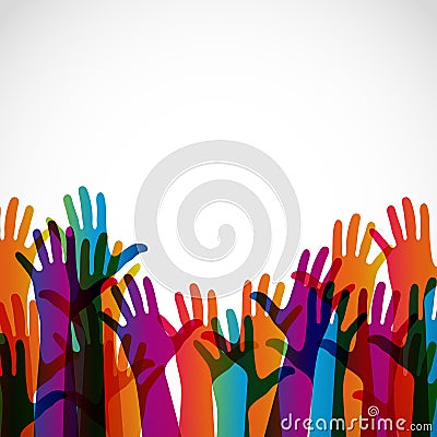 Colorful silhouettes hands up on a light background. Vector Illustration