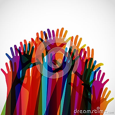 Colorful silhouettes hands up on a light background. Vector Illustration