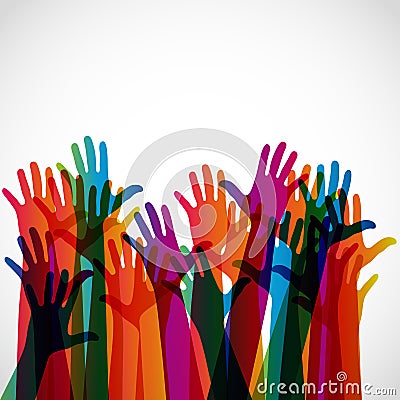 Colorful silhouettes hands up on a light background. Vector Illustration
