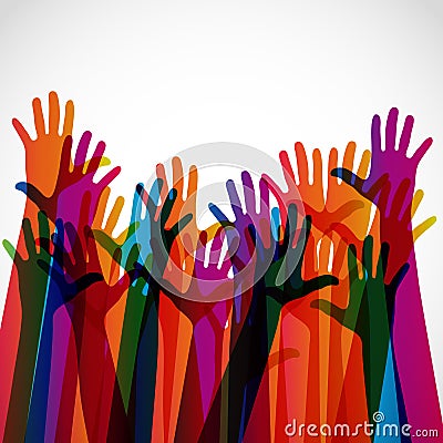 Colorful silhouettes hands up on a light background. Cartoon Illustration