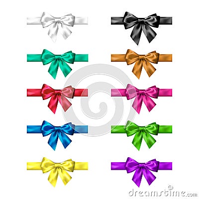 Colorful silk bow set with ribbons. Decoration collection of elegant bows. Bow design different colors. Vector Vector Illustration