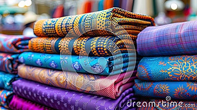Colorful silk rolls neatly arranged in a bustling market stall, tempting passersby with their vibr Stock Photo