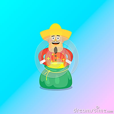 Simple flat art vector illustration of joyful guy in a sombrero and Christmas outfit with an open shining magic bag in hi Vector Illustration