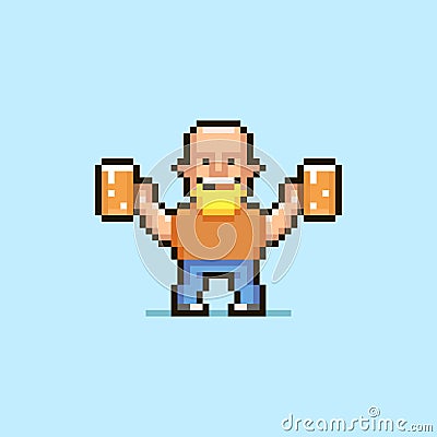 Simple flat pixel art illustration of cartoon bald smiling man with light beard holding two glasses of beer Vector Illustration