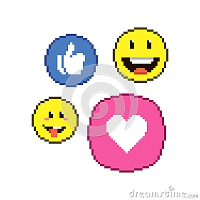Simple flat pixel art illustration of cartoon round social media icons of like, emoticons, heart Vector Illustration