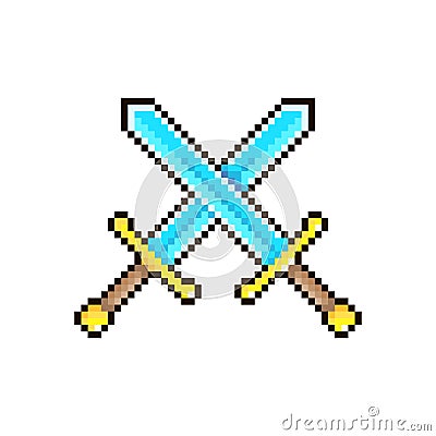 Simple flat pixel art illustration of cartoon two blade up crossed medieval knight swords Vector Illustration