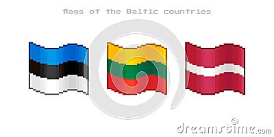 Simple vector flat pixel art set of flowing flags of the Baltic Countries Vector Illustration