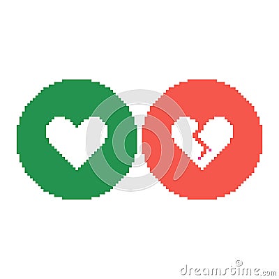 Simple vector flat pixel art set of round green icon with entire heart and round red icon with cracked heart symbol Vector Illustration