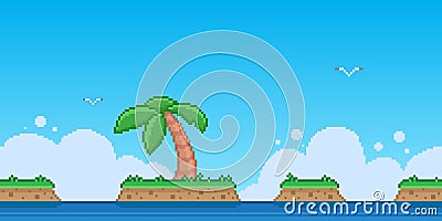8bit pixel art illustration of landscape of palm tree and separate islands Vector Illustration