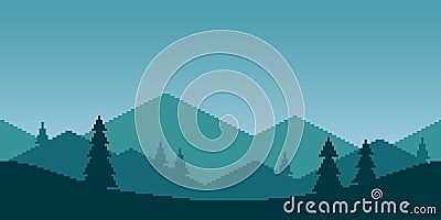 8bit pixel art illustration of morning mountain landscape with fir trees in retro platformer style Vector Illustration