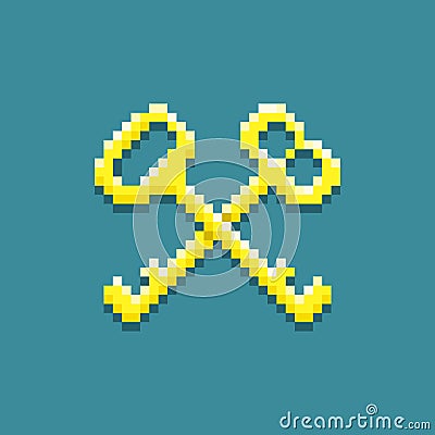 Simple vector pixel art illustration of two vintage golden crossed keys Vector Illustration