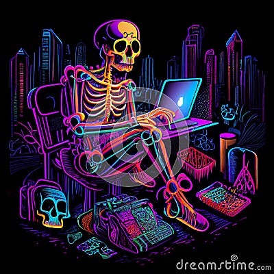 Colorful skeleton working on his laptop. AI generative Stock Photo
