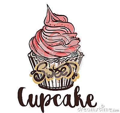 Colorful sketch of a beautiful bakery cupcake sweat creame pattern on a background drawing picture Flat vector Vector Illustration