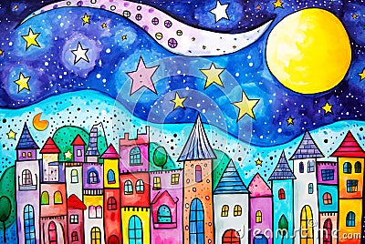 A colorful sketch of a city drawn with paints or crayons Stock Photo