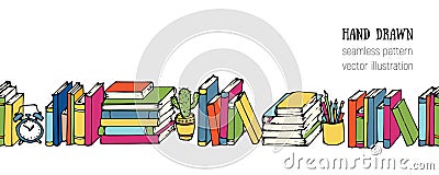 Colorful sketch horizontal seamless vector pattern. Hand drawn Books, Notebooks, Notepads and Diaries. Stack of books. Office stuf Vector Illustration