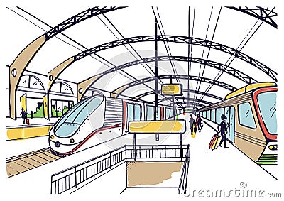 Colorful sketch with railway station. Hand drawn illustration with modern fast trains and passengers. Vector Illustration