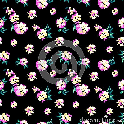 Sketched ditsy flowers with leaves - seamless background Vector Illustration