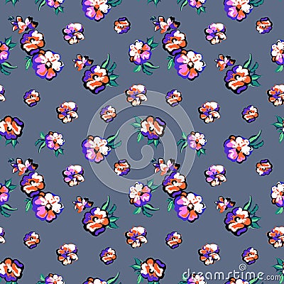 Sketched ditsy flowers with leaves - seamless background Vector Illustration