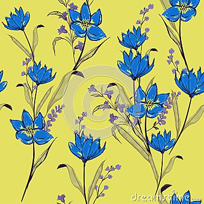 Colorful sketched seamless pattern flower print in bright blue c Stock Photo