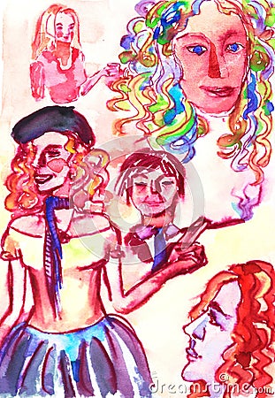 Colorful sketches of a curly woman hand drawn with watercolours. Stock Photo
