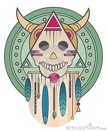 Colorful skull with horns and feathers. Sacred geometry. T-shirt print Vector Illustration