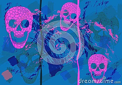 Colorful skulls on black background - seamless pattern Vector Illustration