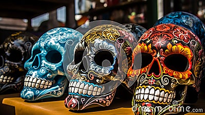 Colorful skulls are displayed on a table in a market Stock Photo