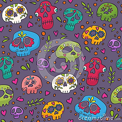 Colorful skulls seamless pattern for textile, wrapping, fabric, wallpapers and other surfaces. Holy Death texture. Vector Illustration