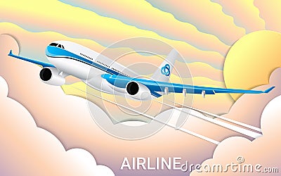 The flight of a passenger airplane. Cut out paper. Fashionable color gradients. Travel Vector Illustration