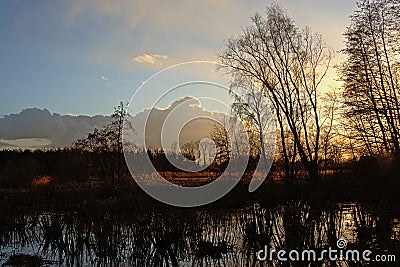 After sunset sky over winter wetland landscape with bare tree silhouettes reflecting in the water Stock Photo