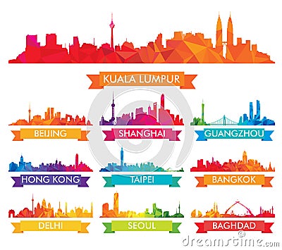 Colorful Skyline of Asian Cities Vector Illustration