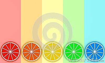 Colorful slices of orange on rainbow color background 3D illustration Cartoon Illustration