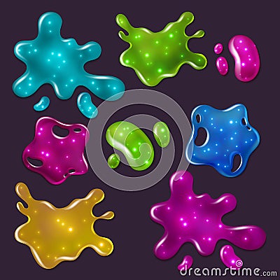 Colorful slime set. Glossy goo dirty mucus, paint drip, bright toxic shiny liquid, spot of poison dribble silhouette Vector Illustration