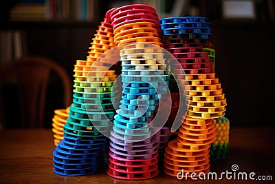 a colorful slinky stretching between two stacks of paperwork Stock Photo