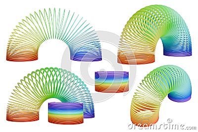 Colorful slinky toy set. Isolated rainbow spring. 3D rendering. Stock Photo