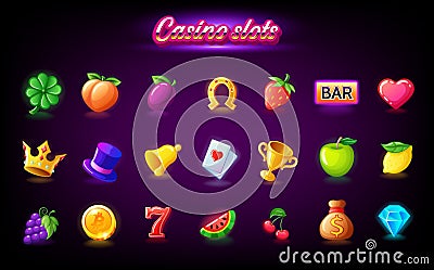 Colorful slots icon set for casino slot machine, gambling games, icons for mobile arcade and puzzle games vector Vector Illustration