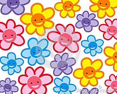 Colorful smiling cartoon flowers pattern Stock Photo