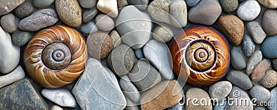 Colorful snail shells on pebble stones, nature pattern. Seashell collection and texture concept Stock Photo