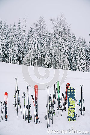 Colorful snowboards and skis stand stuck in the snow at the edge of the forest Stock Photo