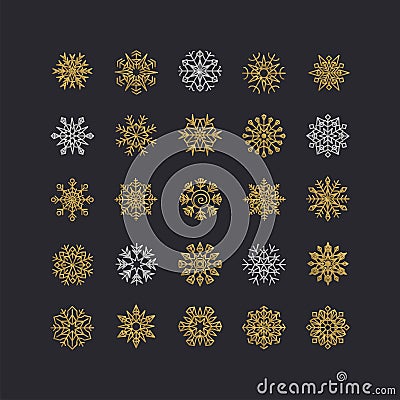 Colorful snowflakes collection isolated on black background Vector Illustration