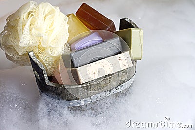 Colorful soaps cosmetics in the bathroom Stock Photo