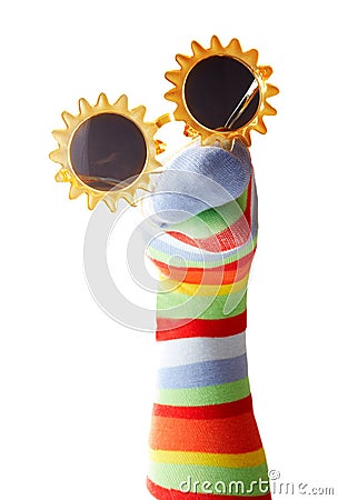 Colorful sock puppet with sunglasses Stock Photo