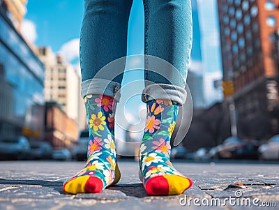 Colorful socks on urban background Stock Photo