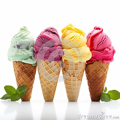 Colorful Sorbet Mini Ice Cream Cones On White Background Stock Photo