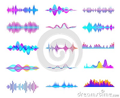 Colorful sound waves. Audio signal wave, color gradient music waveforms and digital studio equalizer vector set Vector Illustration