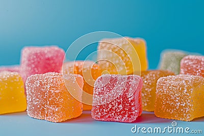 Colorful sour jelly candies on a vibrant blue background Stock Photo