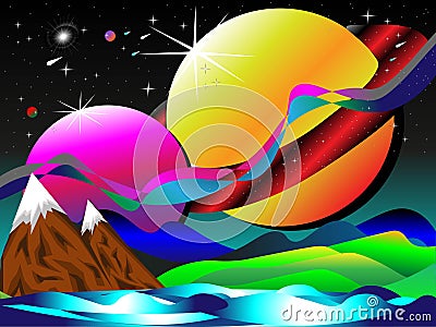 Colorful space galaxy background with bright stars, planets, mountains, all in vector for works of art, brochures, posters, wallpa Vector Illustration