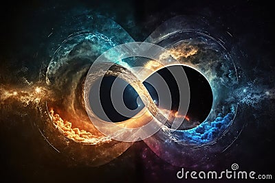 Colorful space with infinity symbol. Fantasy galaxy generative AI background Stock Photo