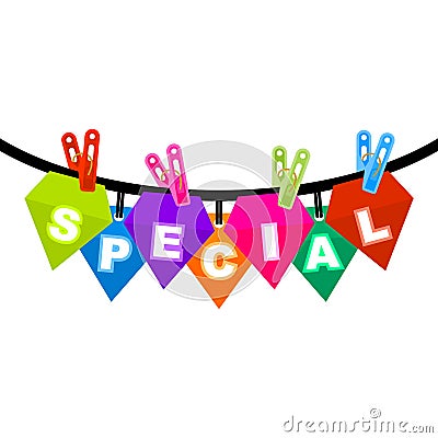 Colorful special word on clothes pegs, notes card clipped to a rope. Vector Illustration